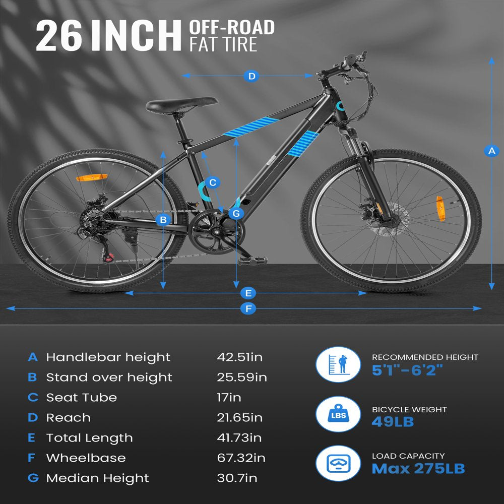 350W Electric Bike 26" Electric Mountain Bike for Adults, 36V Built-In Hidden Removable Battery with Shimano 7 Speed City Commuter Bike for Man Woman - UL2849