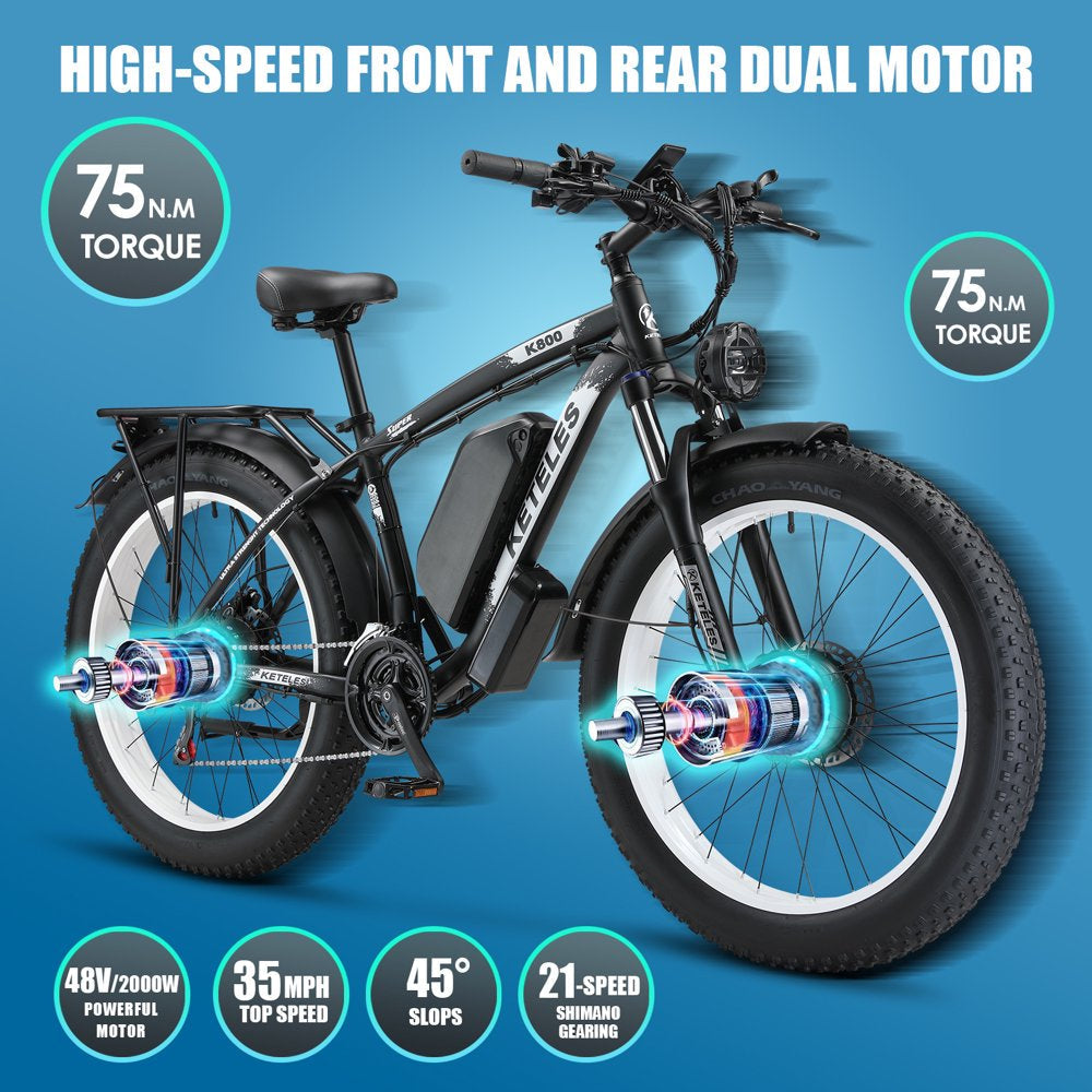 2000W Electric Bike for Adults, 26" Fat Tire Electric Commuter Bicycle, Electric Mountain Bicycle Beach Snow Bike Ebike E-Bike with 48V 23AH Removable Battery