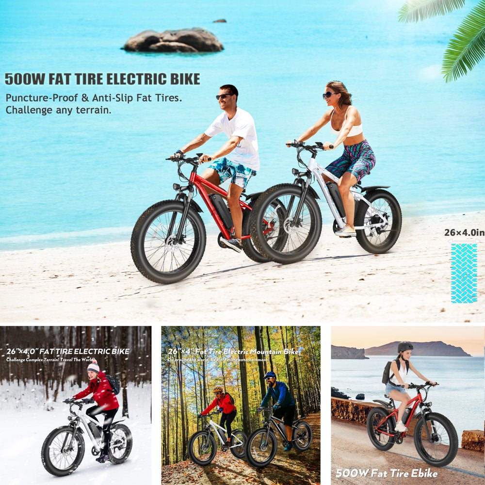500W 26" Electric Mountain Bicycle Snow Ebike, 4" Fat Tire Electric Bike with 48V 13Ah Li-Ion Battery, 50 Miles 19 Mph Adult E Bike Beach Bike Snow Bike for Adults Men