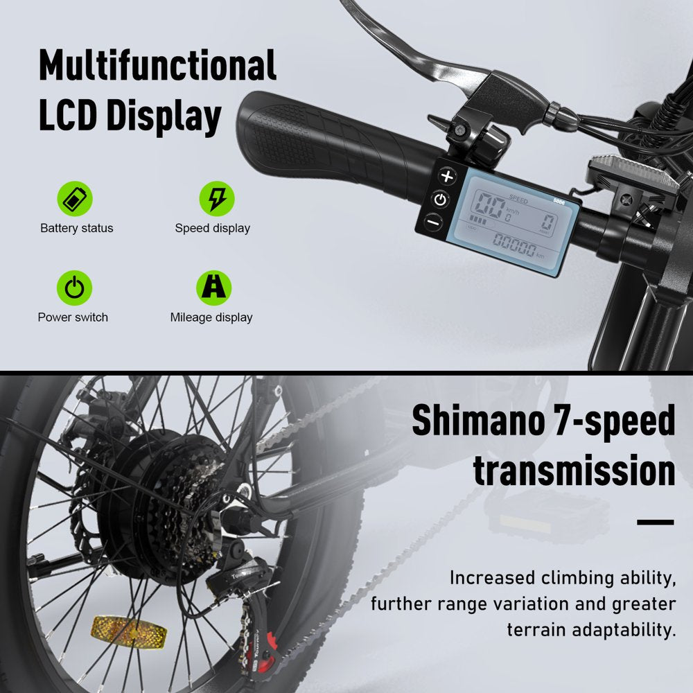 20”X3.0 Fat Tire Electric Bicycles, Foldable Mountain Snow Beach Electric Bike Ebike with 500W/36V/12Ah Battery, Shimano 7-Speed E Bicycle