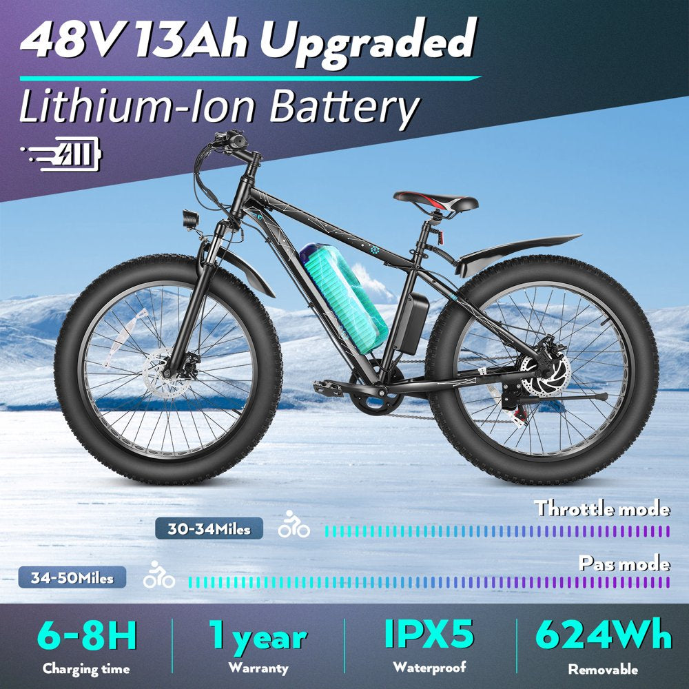 26" 4.0 Fat Tire Electric Bike for Adults, 500W Adults E Bike, 48V 13Ah Removable Li-Ion Battery, Professional 7-Speed, Electric Mountain Bicycle Beach Bike Snow Bike Ebike for Men