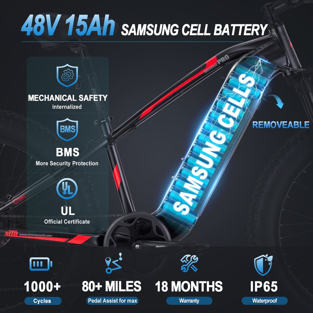 Electric Bike 750W 19 MPH Brushless Motor, 26" Fat Tire 48V 15Ah Samsung Cells Battery 35-80Miles Ebike
