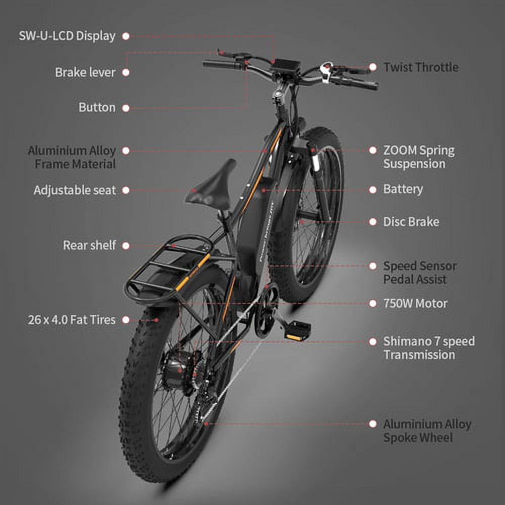 Sales Promotion! AOSTIRMOTOR S07-B 26" 750W Electric Bike Fat Tire P7 48V 13AH Removable Lithium Battery for Adults with Detachable Rear Rack Fender(Black)